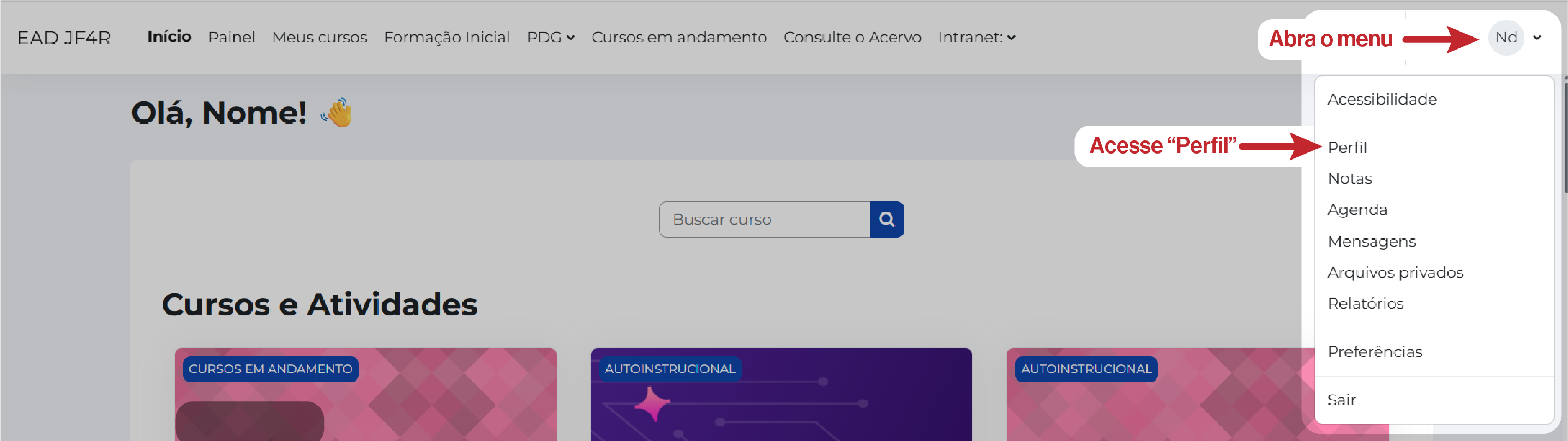 Menu do usuário com acesso ao perfil