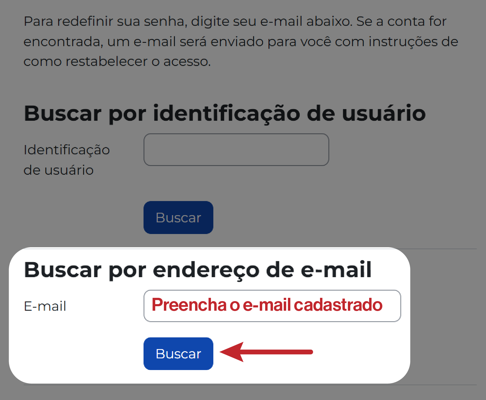 Página de recuperação de senha com campo de busca por e-mail