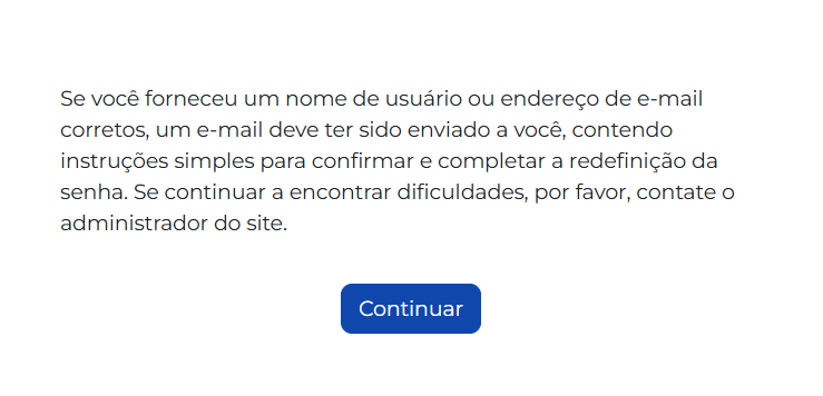 Mensagem de confirmação após solicitar redefinição de senha