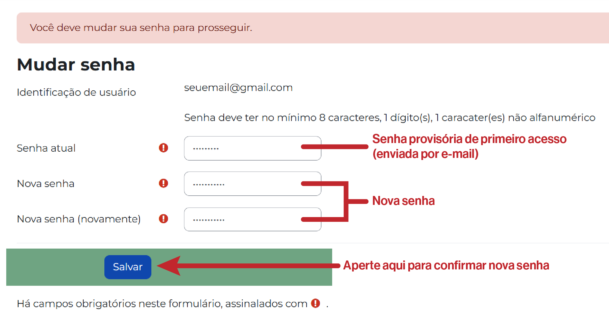 Tela de alteração de senha no primeiro acesso