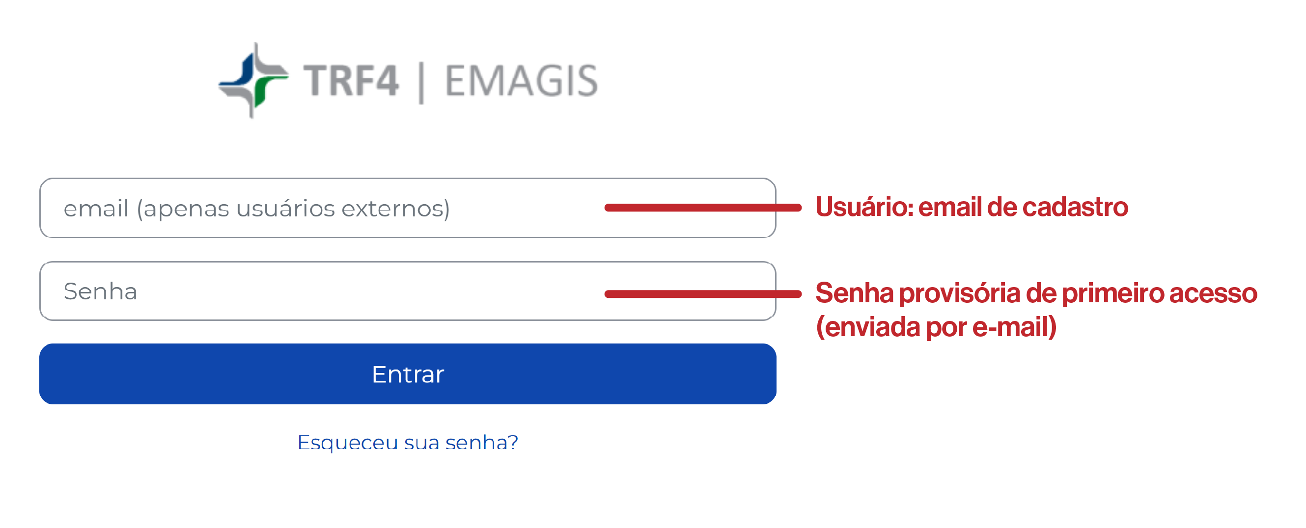 Tela de login com indicação dos campos de e-mail e senha temporária