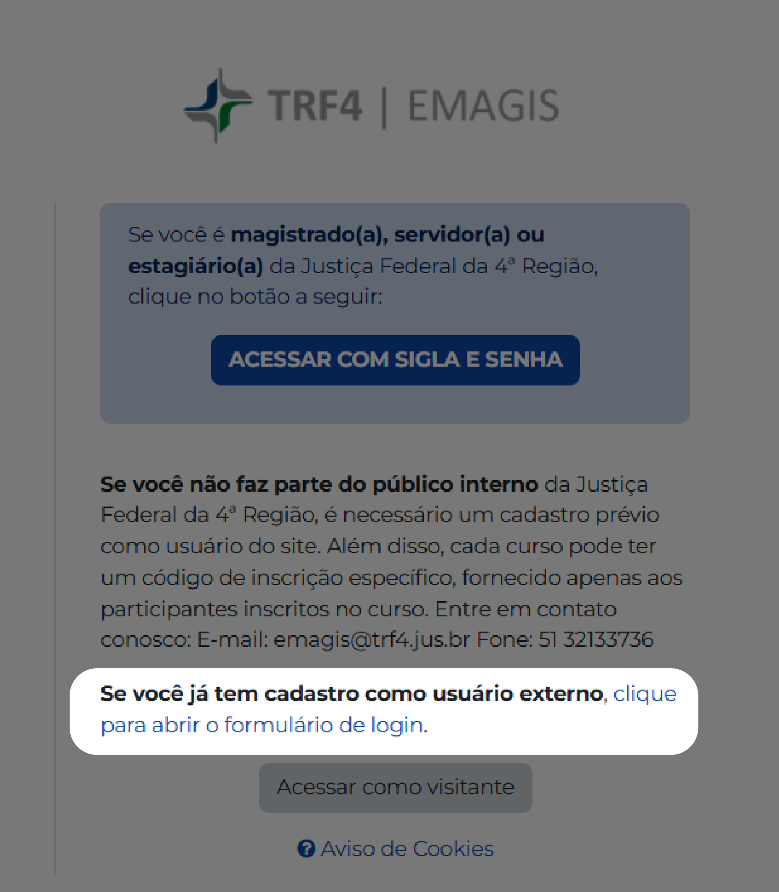 Tela inicial do AVA com indicação do acesso para usuário externo